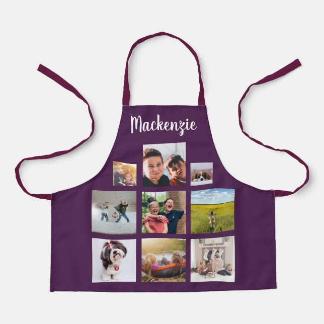 Purple Personalized Photo Collage Script Name Apron (Front)