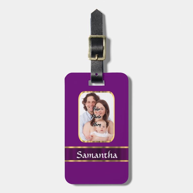 Purple personalized photo luggage tag (Front Vertical)