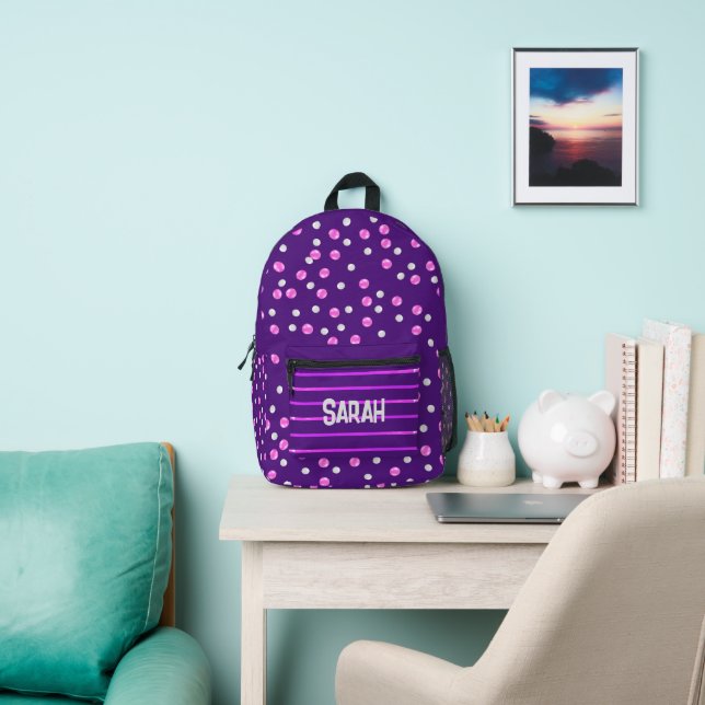 Purple Personalized Pink and Grey Polka Dot Printed Backpack (Insitu)