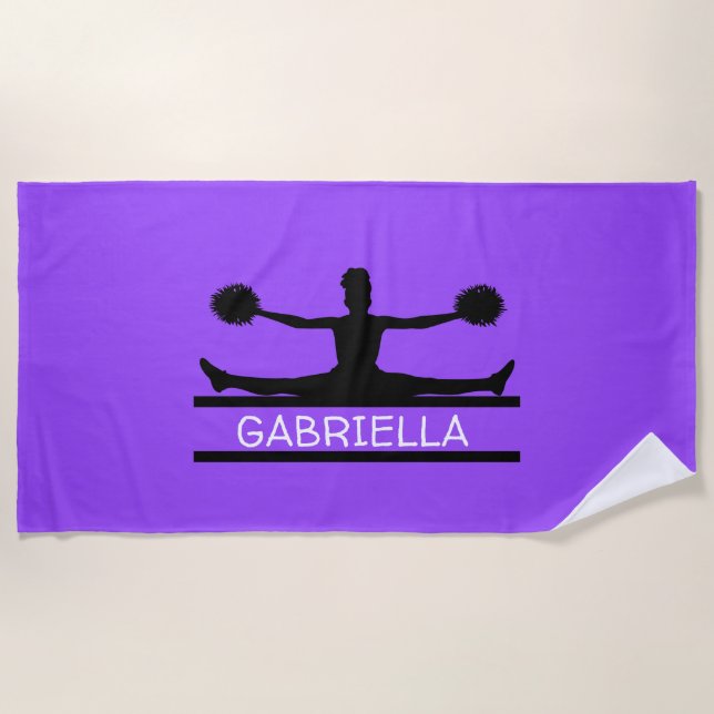 Purple Personalized Silhouette Cheerleader Beach Towel (Front)