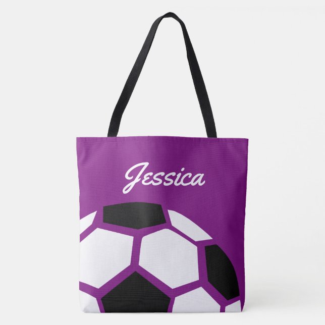 Purple Personalized Trendy Stylish Soccer Ball Tote Bag (Front)
