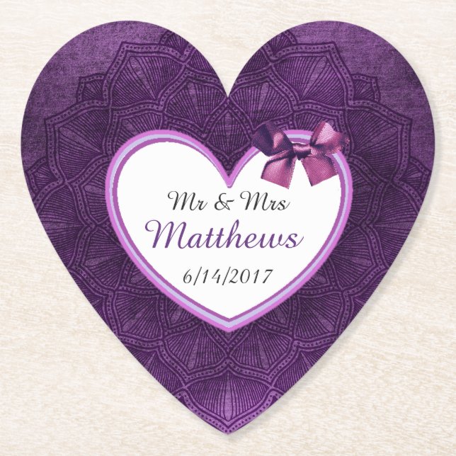 Purple Personalized Wedding Heart Coasters (Front)