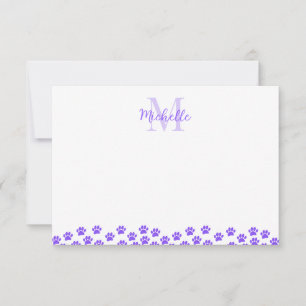 Purple Pet Paw Prints Custom Monogram Cute  Note Card