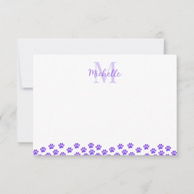 Purple Pet Paw Prints Custom Monogram Cute  Note Card (Front)
