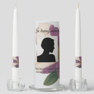 Purple petunia funeral memorial pillar/ taper unity candle set