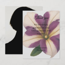 Purple petunia funeral thank you card with photo