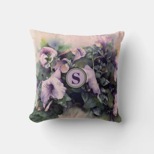 Purple Petunia Garden Floral Watercolor Monogram Throw Pillow