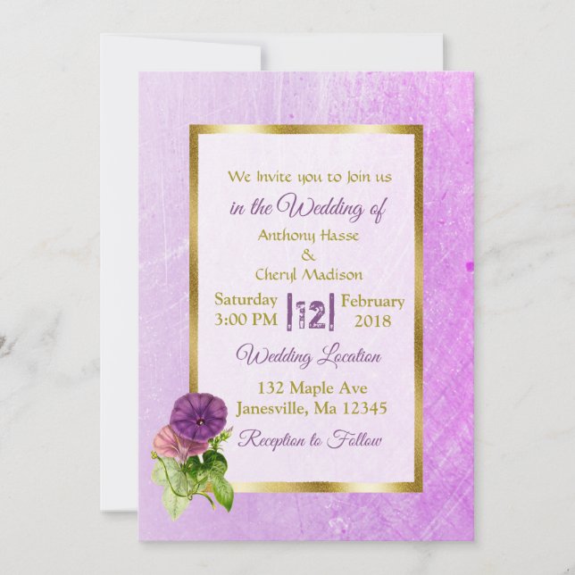 Purple Petunias and Gold Wedding Invitations (Front)