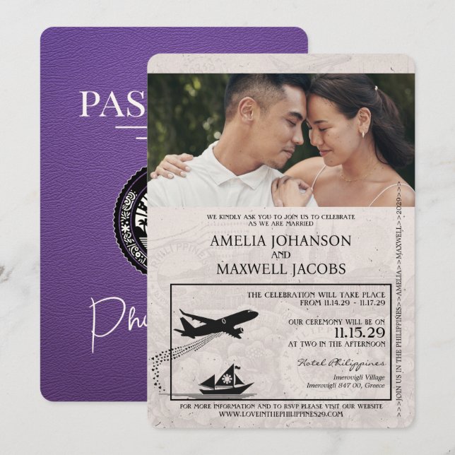 Purple Philippines Passport Wedding Invitation (Front/Back)