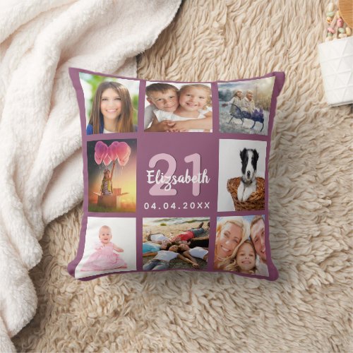 Purple photo collage birthday throw pillow