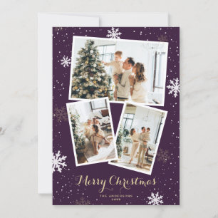 Purple Photo Collage Snowflakes Merry Christmas Holiday Card