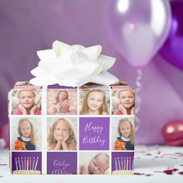 Purple Photo Collage Template Cute Custom Birthday Wrapping Paper