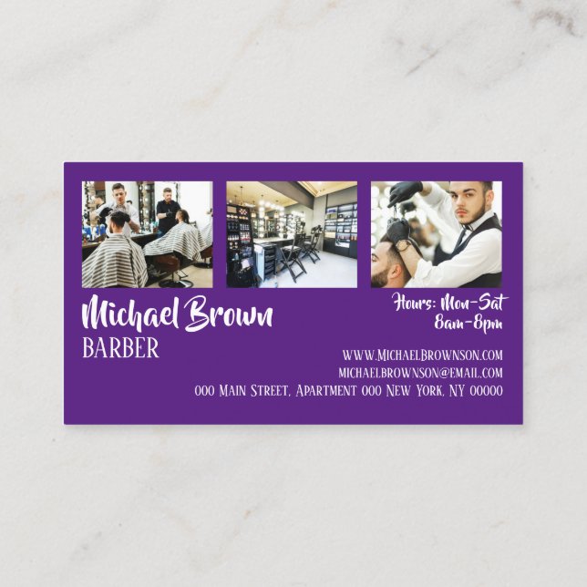 Purple Photo Framed Barber pole Business Card (Back)