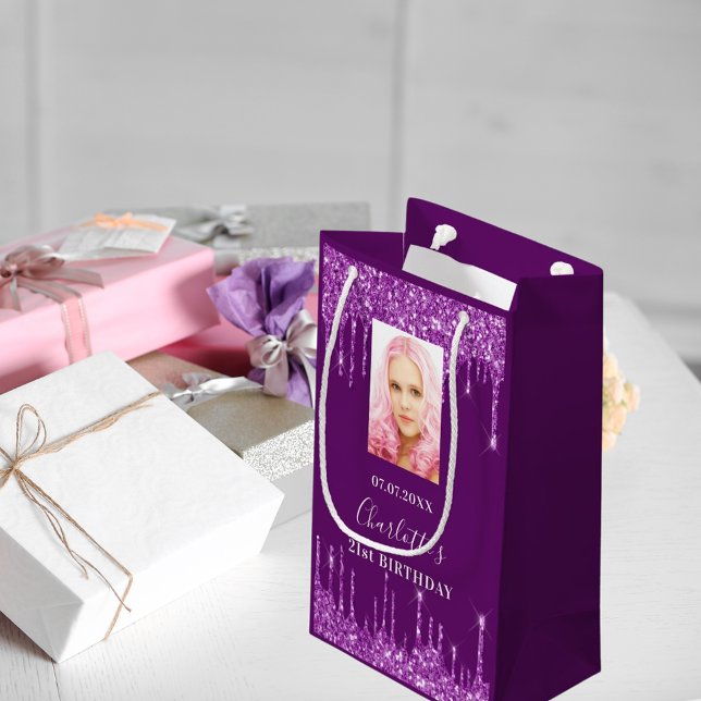Purple photo glitter drips photo small gift bag (Creator Uploaded)