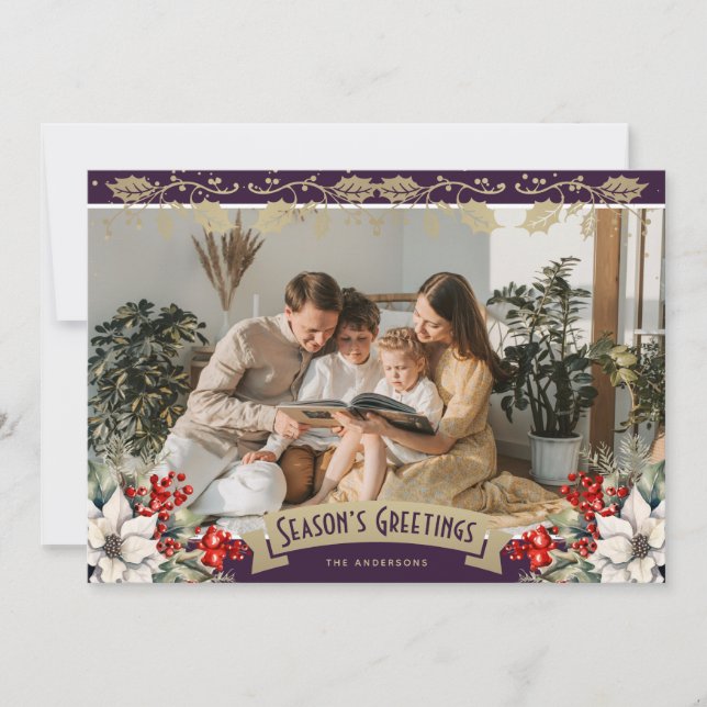 Purple Photo Holly Snowflakes Season's Greetings Holiday Card (Front)