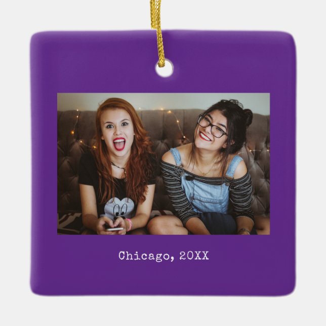 Purple Photo Keepsake Christmas Ceramic Ornament (Front)