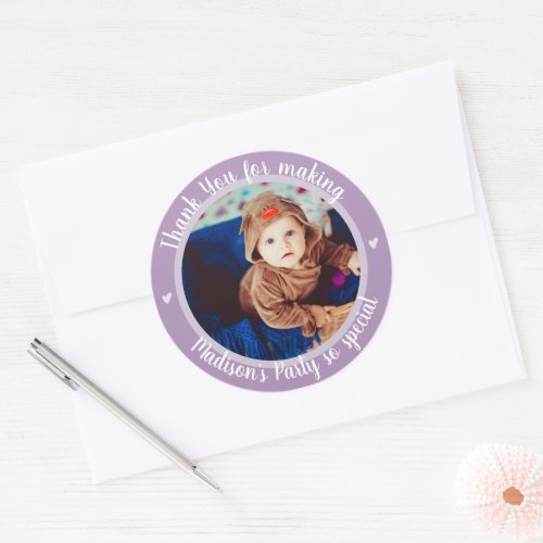 Purple Photo Kids First Happy Birthday Thank You Classic Round Sticker