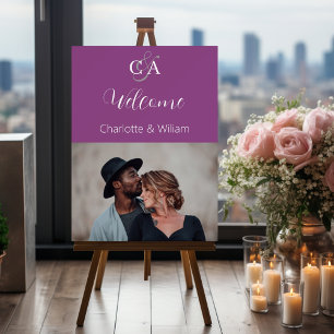 Purple photo monogram wedding welcome sign