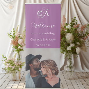 Purple photo monogram welcome wedding retractable banner
