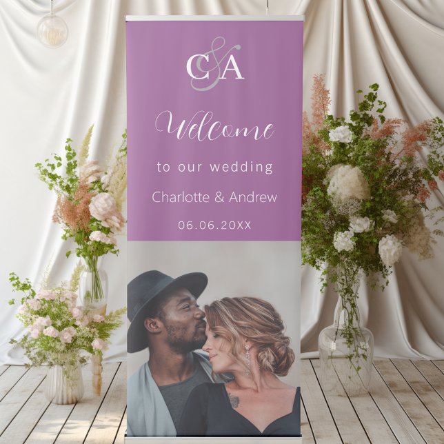 Purple photo monogram welcome wedding retractable banner (Creator Uploaded)