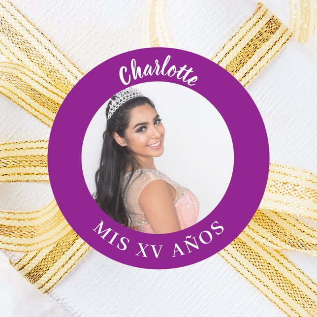 Purple photo name Quinceanera Classic Round Sticker (Creator Uploaded)