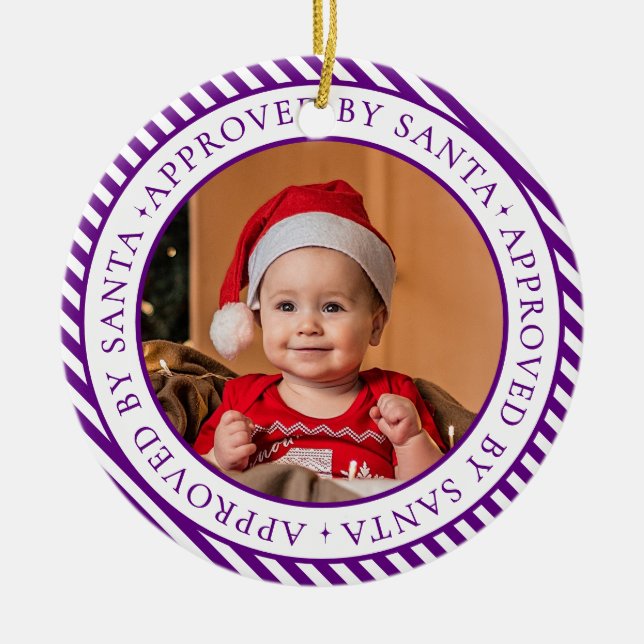 Purple Photo Santa's Nice List Member Christmas Ceramic Ornament (Front)