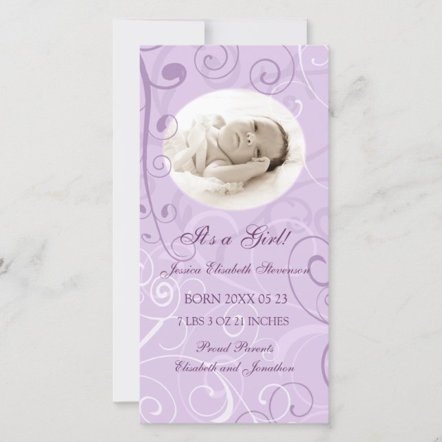 Purple Photo Template New Baby Birth Announcement (Front)
