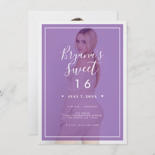 Purple Photo Tint Overlay 2 Modern Sweet 16 Invitation