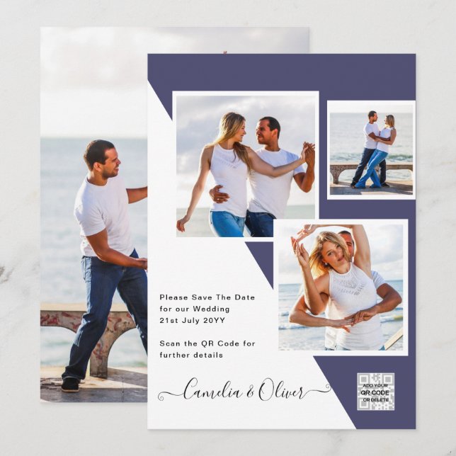 Purple PHOTO WEDDING Invite QR Code Save Date (Front/Back)