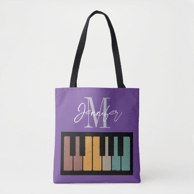 Purple  Piano Monogram Name Personalized Tote Bag (Front)