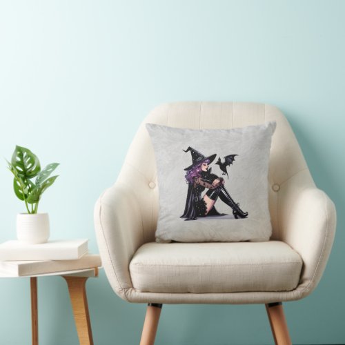 Purple Pin Up Witch Throw Pillow