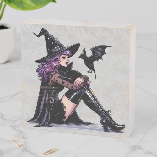 Purple Pin Up Witch Wooden Box Sign