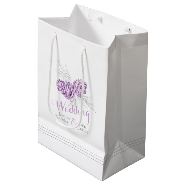 Purple pine cone drawing wedding favor gift bag (Front Angled)