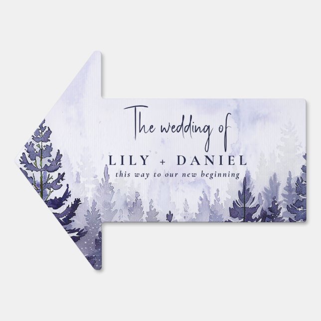 Purple Pine Tree Forest Wedding This Way Arrow Sign (Front)