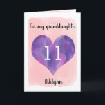 Purple Pink 11th Birthday Granddaughter Card<br><div class="desc">A personalized pink and purple happy 11th birthday daughter card that features a watercolor heart against a pink water color. You can personalize the water color heart with the age you need and add her name underneath the heart. The inside card message reads a birthday message, which can also be...</div>