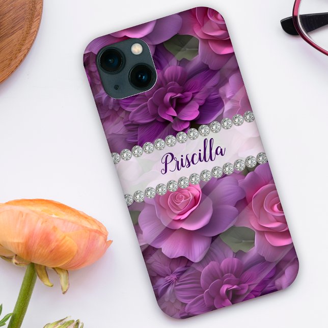 Purple & pink 3D roses, diamond frame custom Case-Mate iPhone Case (Creator Uploaded)