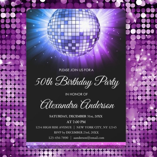 Purple Pink 50th Birthday Party Silver Disco Ball Invitation