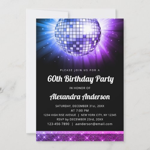 Purple Pink 60th Birthday Party 70s Disco Ball Invitation