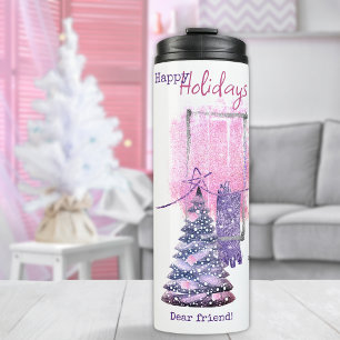 Purple Pink 6 Photo Template Christmas Tree Thermal Tumbler