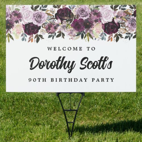Purple Pink 90th Birthday Party Welcome Yard Sign