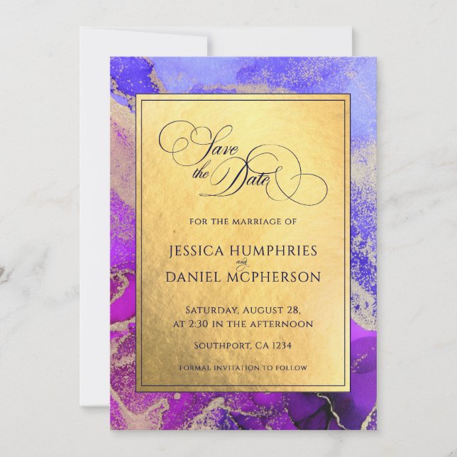 Purple Pink Abstract Gold Foil Wedding Flat Save The Date (Front)