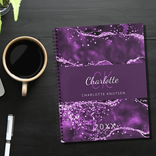 Purple pink agate marble monogram notebook