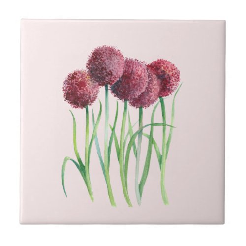 Purple Pink Allium Watercolor Botanical Painting Ceramic Tile