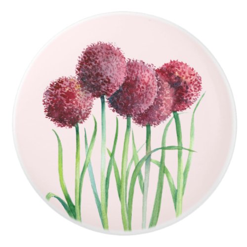 Purple Pink Alliums Flower Watercolor Illustration Ceramic Knob