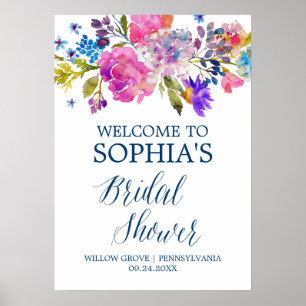 Purple Pink and Blue Flowers Bridal Shower Welcome Poster