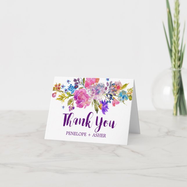 Purple Pink and Blue Flowers Wedding Thank You Card (Front)