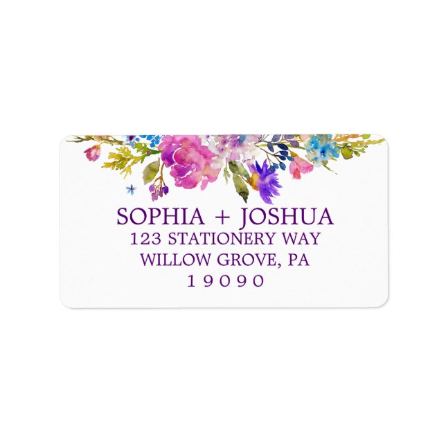 Purple Pink and Blue Watercolor Flowers Wedding Label (Front)