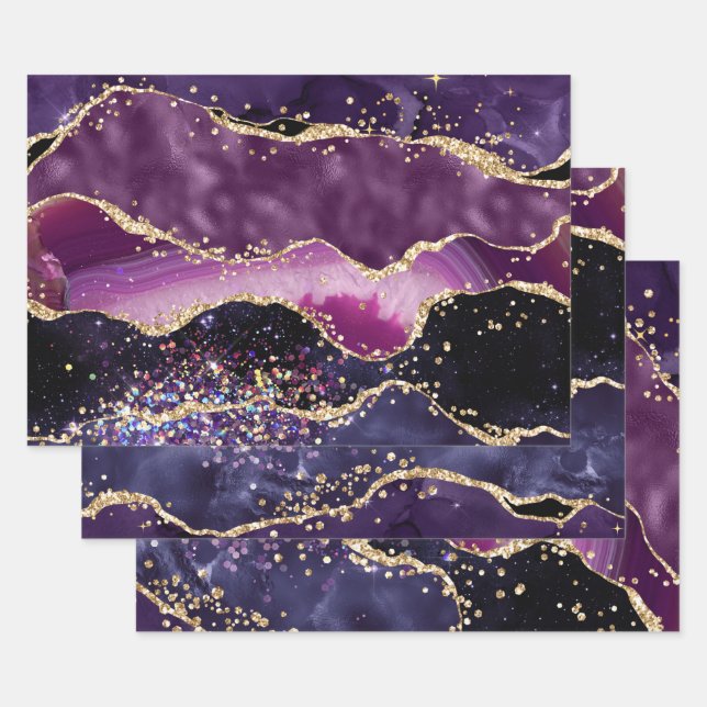 Purple & Pink and Gold Faux Glitter Agate Wrapping Paper Sheets (Set)