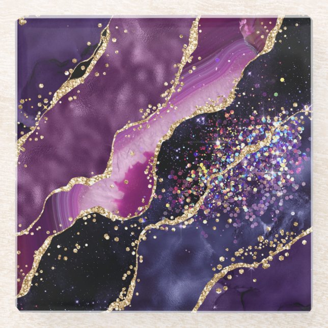 Purple, Pink and Gold Glitter Agate Pattern Glass Coaster (Front)