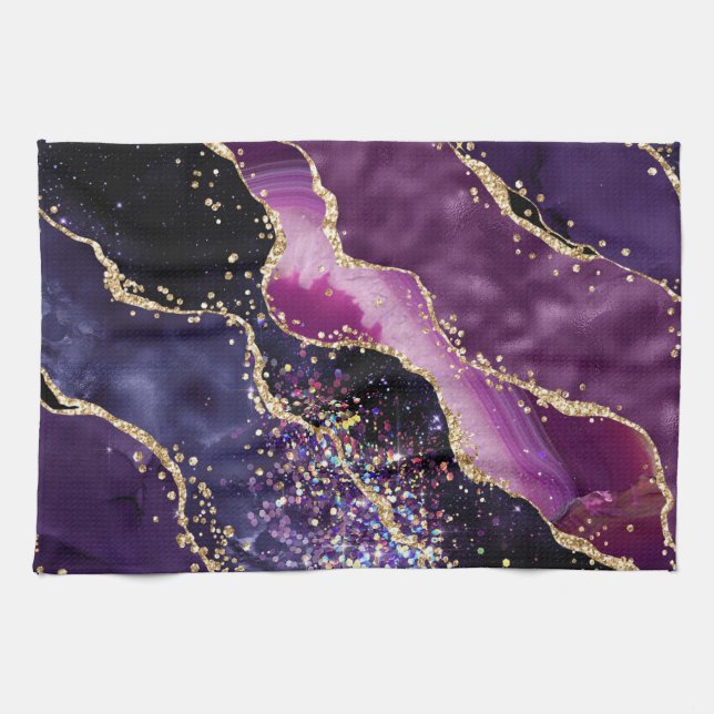 Purple, Pink and Gold Glitter Agate Pattern Kitchen Towel (Horizontal)